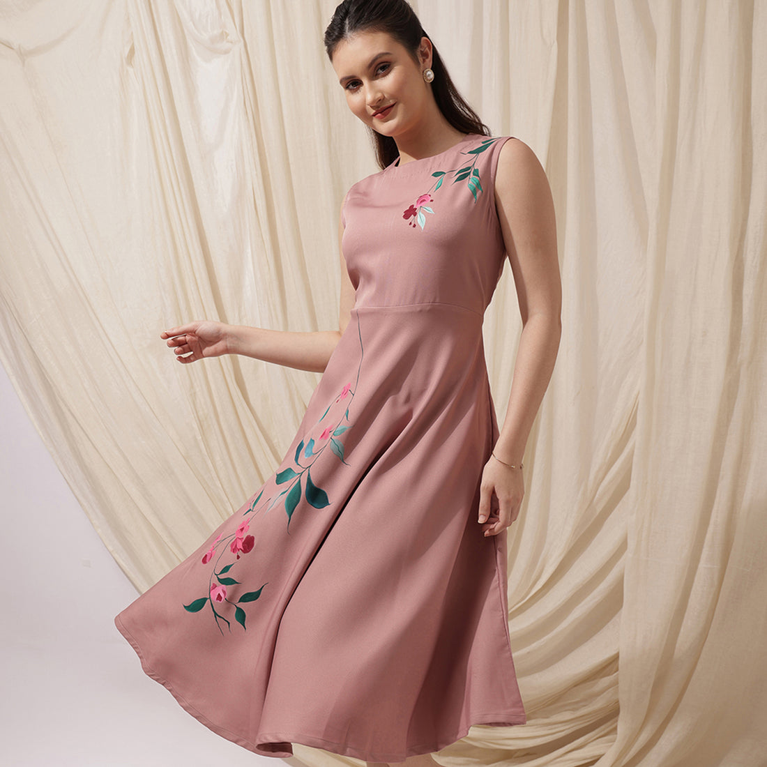 Anarkali- Hand-Painted pink pleated floral midi dress with pockets