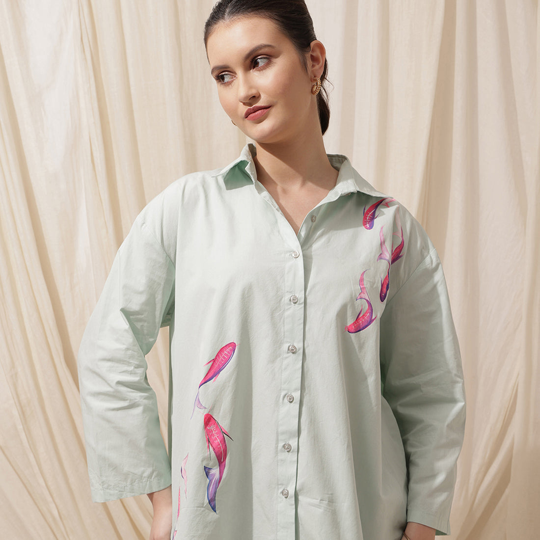 Fishy- Oversized Green Hand-Painted Shirt with Fishes