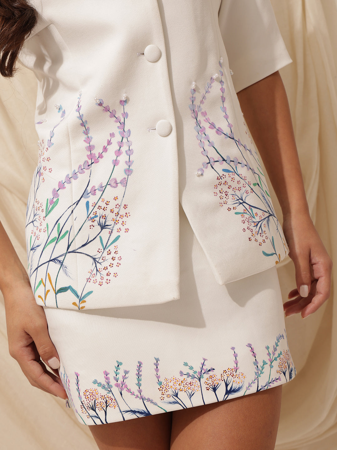 Bagh Coord- Set- Hand-painted top/blazer with delicate pearl work along with matching skirt.